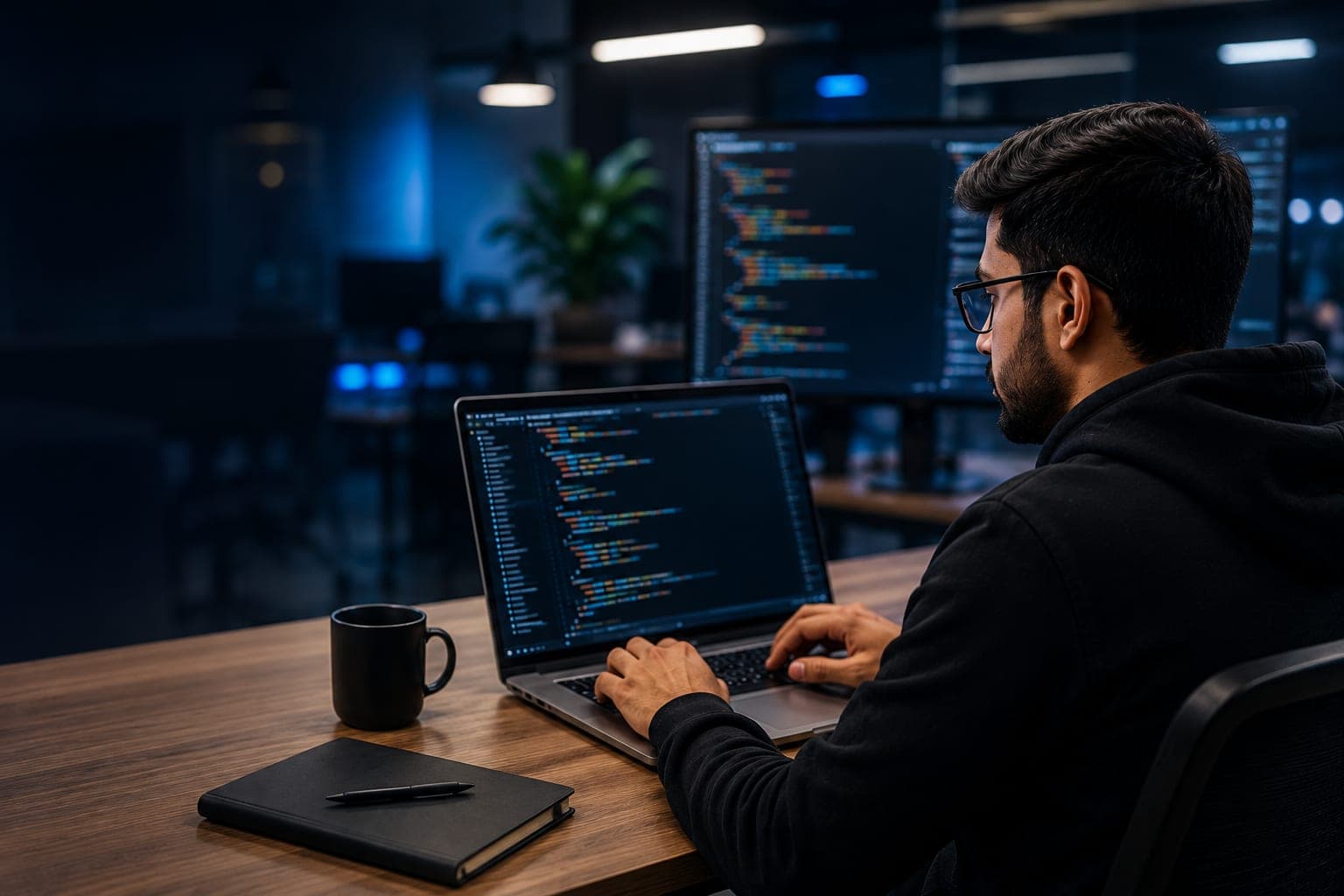 A developer writing code on a laptop beside a second monitor in a dark studio